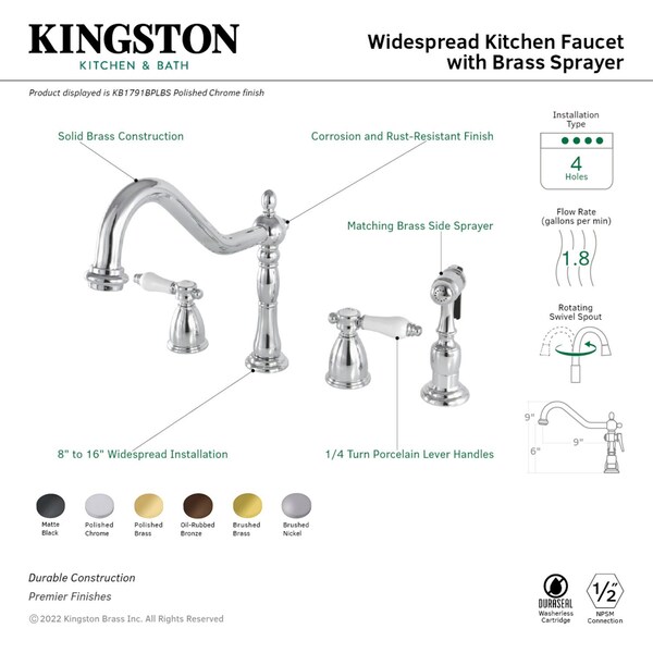 Widespread Kitchen Faucet With Brass Sprayer, Brushed Brass